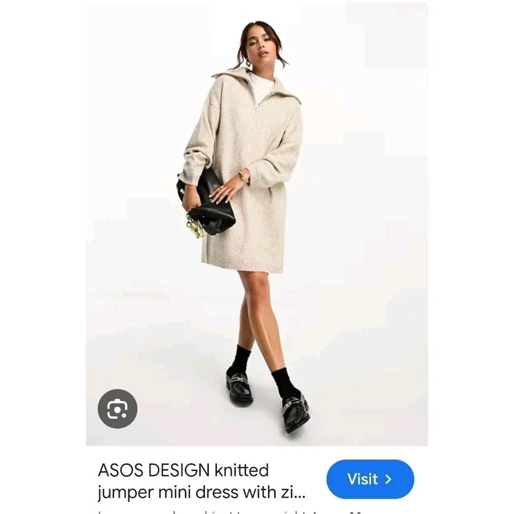 Asos Design Knitted Jumper Mini Dress 1/4 Zip Oatmeal Womens Size Small - Picture 1 of 11